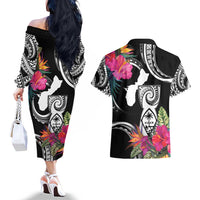 Hafa Adai Guam Couples Matching Off The Shoulder Long Sleeve Dress and Hawaiian Shirt Polynesian Tattoo Tropical Flowers