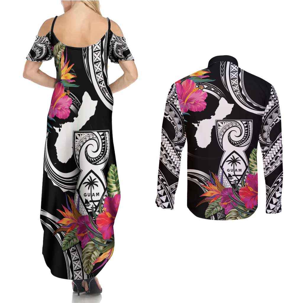 Hafa Adai Guam Couples Matching Summer Maxi Dress and Long Sleeve Button Shirt Polynesian Tattoo Tropical Flowers