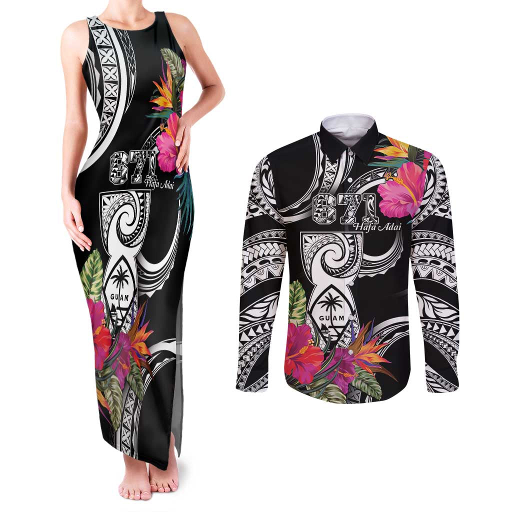 Hafa Adai Guam Couples Matching Tank Maxi Dress and Long Sleeve Button Shirt Polynesian Tattoo Tropical Flowers