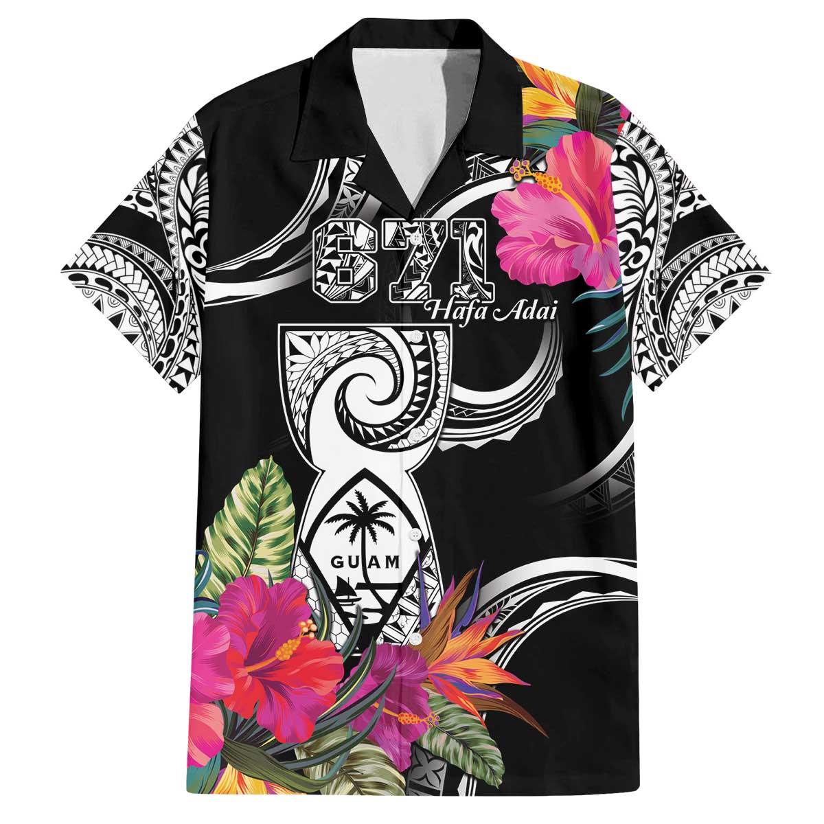 Hafa Adai Guam Family Matching Off The Shoulder Long Sleeve Dress and Hawaiian Shirt Polynesian Tattoo Tropical Flowers