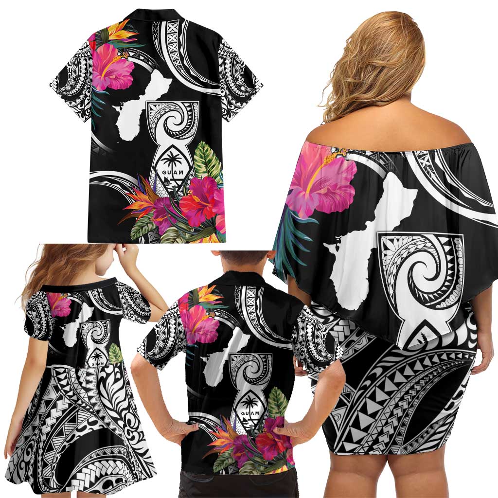 Hafa Adai Guam Family Matching Off Shoulder Short Dress and Hawaiian Shirt Polynesian Tattoo Tropical Flowers