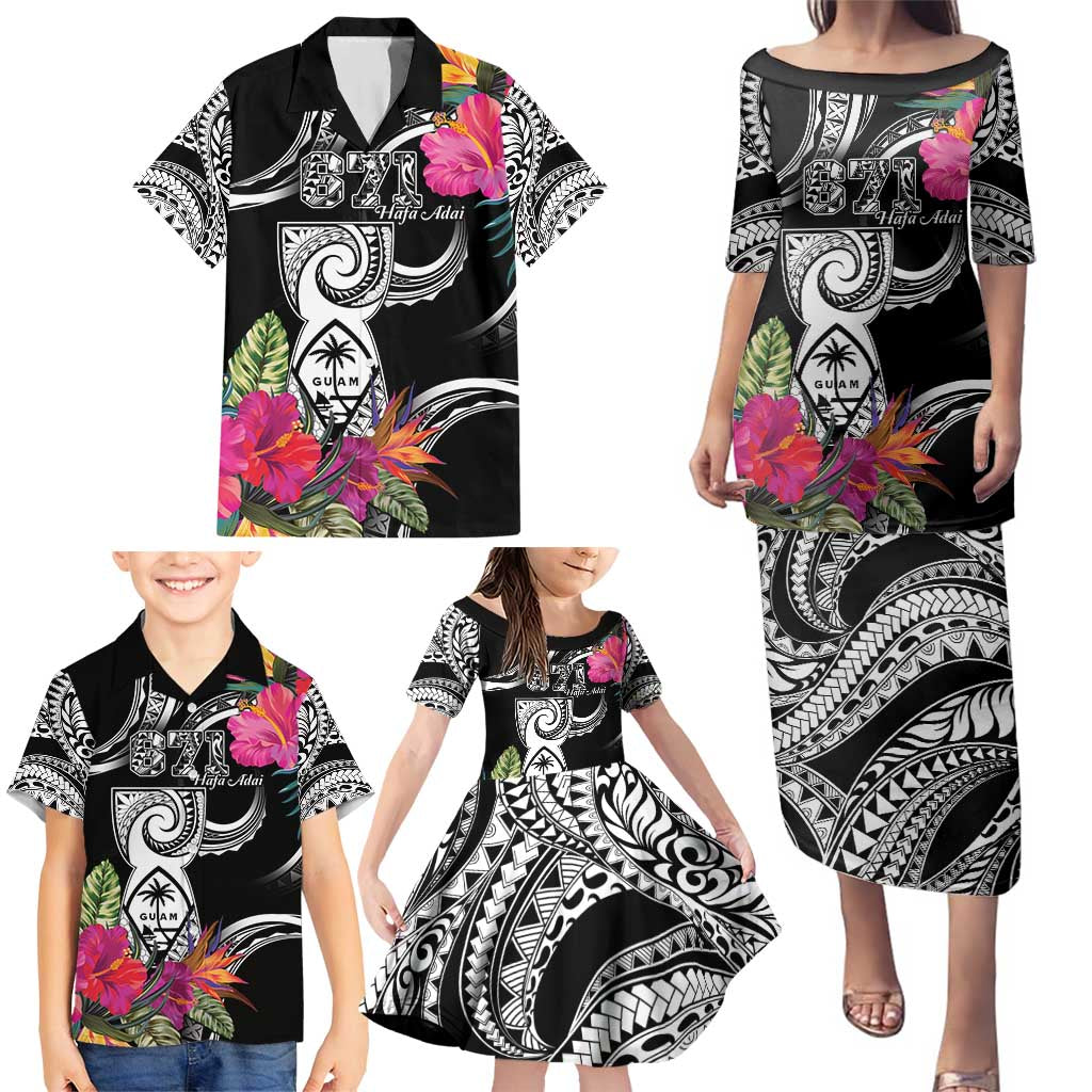 Hafa Adai Guam Family Matching Puletasi and Hawaiian Shirt Polynesian Tattoo Tropical Flowers