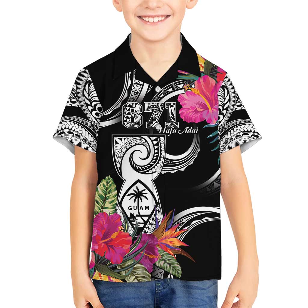 Hafa Adai Guam Family Matching Tank Maxi Dress and Hawaiian Shirt Polynesian Tattoo Tropical Flowers LT05 Son's Shirt Black - Polynesian Pride