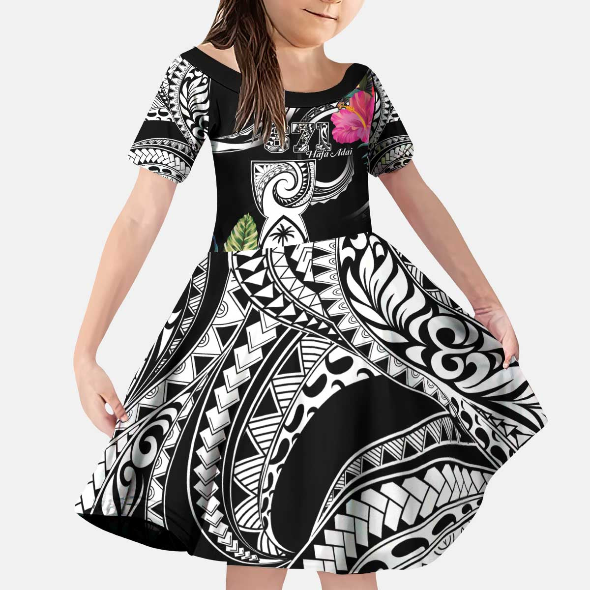Hafa Adai Guam Kid Short Sleeve Dress Polynesian Tattoo Tropical Flowers