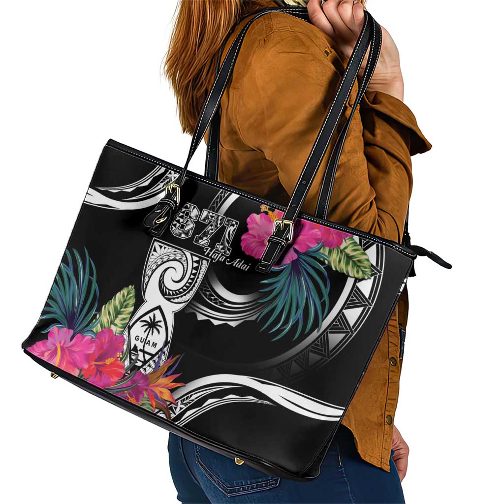Hafa Adai Guam Leather Tote Bag Polynesian Tattoo Tropical Flowers