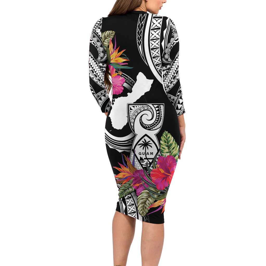 Hafa Adai Guam Long Sleeve Bodycon Dress Polynesian Tattoo Tropical Flowers