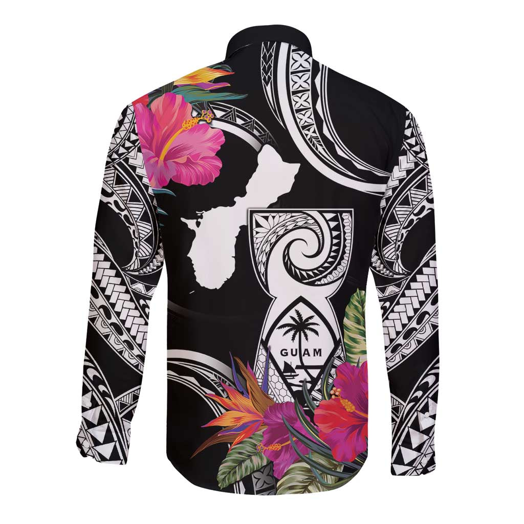 Hafa Adai Guam Long Sleeve Button Shirt Polynesian Tattoo Tropical Flowers