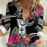 Hafa Adai Guam Women Casual Shirt Polynesian Tattoo Tropical Flowers