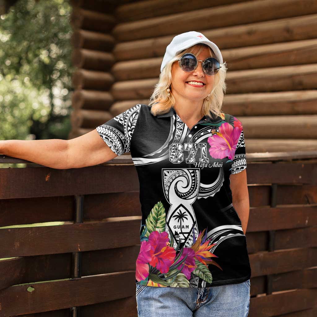 Hafa Adai Guam Women Polo Shirt Polynesian Tattoo Tropical Flowers