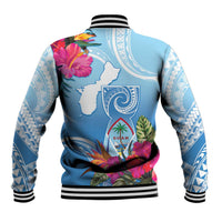Hafa Adai Guam Baseball Jacket Tropical Flowers Blue Gradient