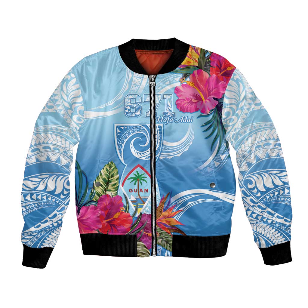 Hafa Adai Guam Bomber Jacket Tropical Flowers Blue Gradient