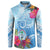 Hafa Adai Guam Button Sweatshirt Tropical Flowers Blue Gradient