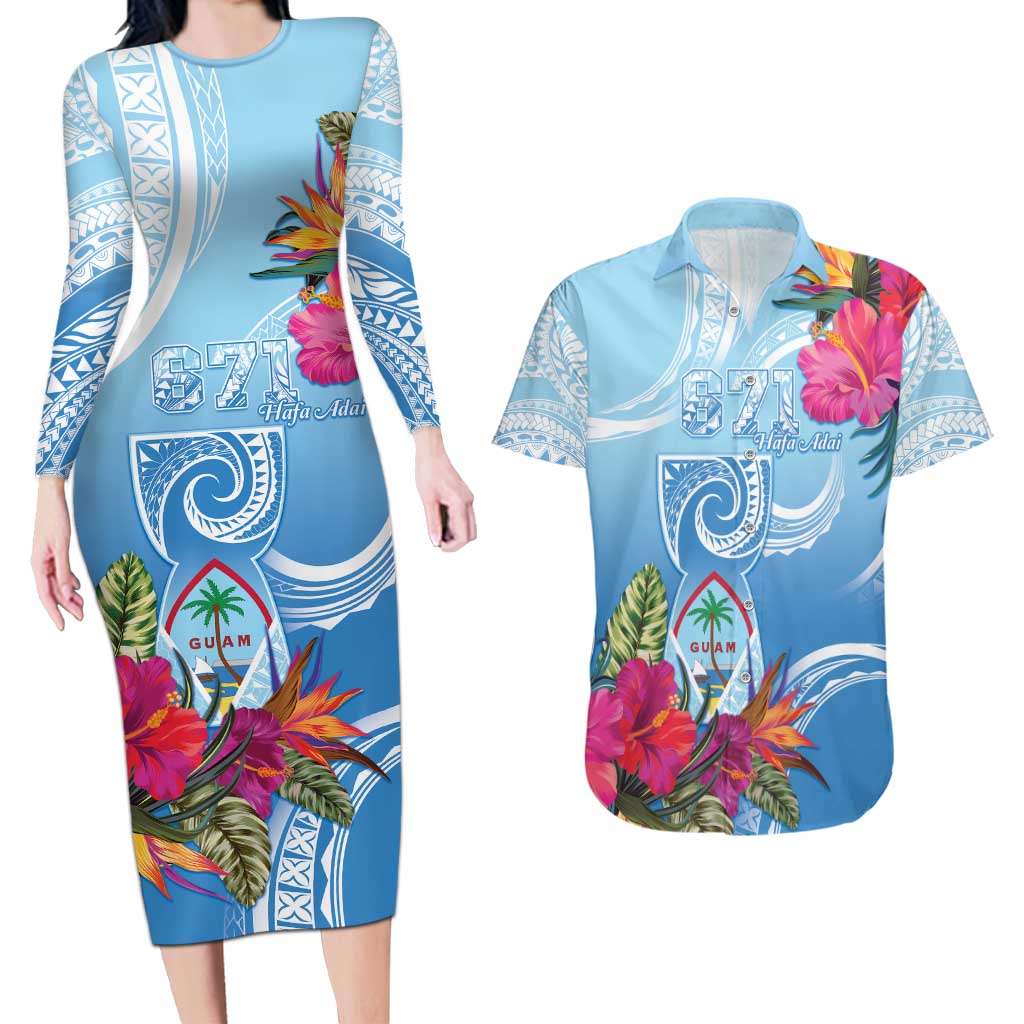 Hafa Adai Guam Couples Matching Long Sleeve Bodycon Dress and Hawaiian Shirt Tropical Flowers Blue Gradient