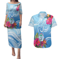 Hafa Adai Guam Couples Matching Puletasi and Hawaiian Shirt Tropical Flowers Blue Gradient