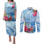 Hafa Adai Guam Couples Matching Puletasi and Long Sleeve Button Shirt Tropical Flowers Blue Gradient