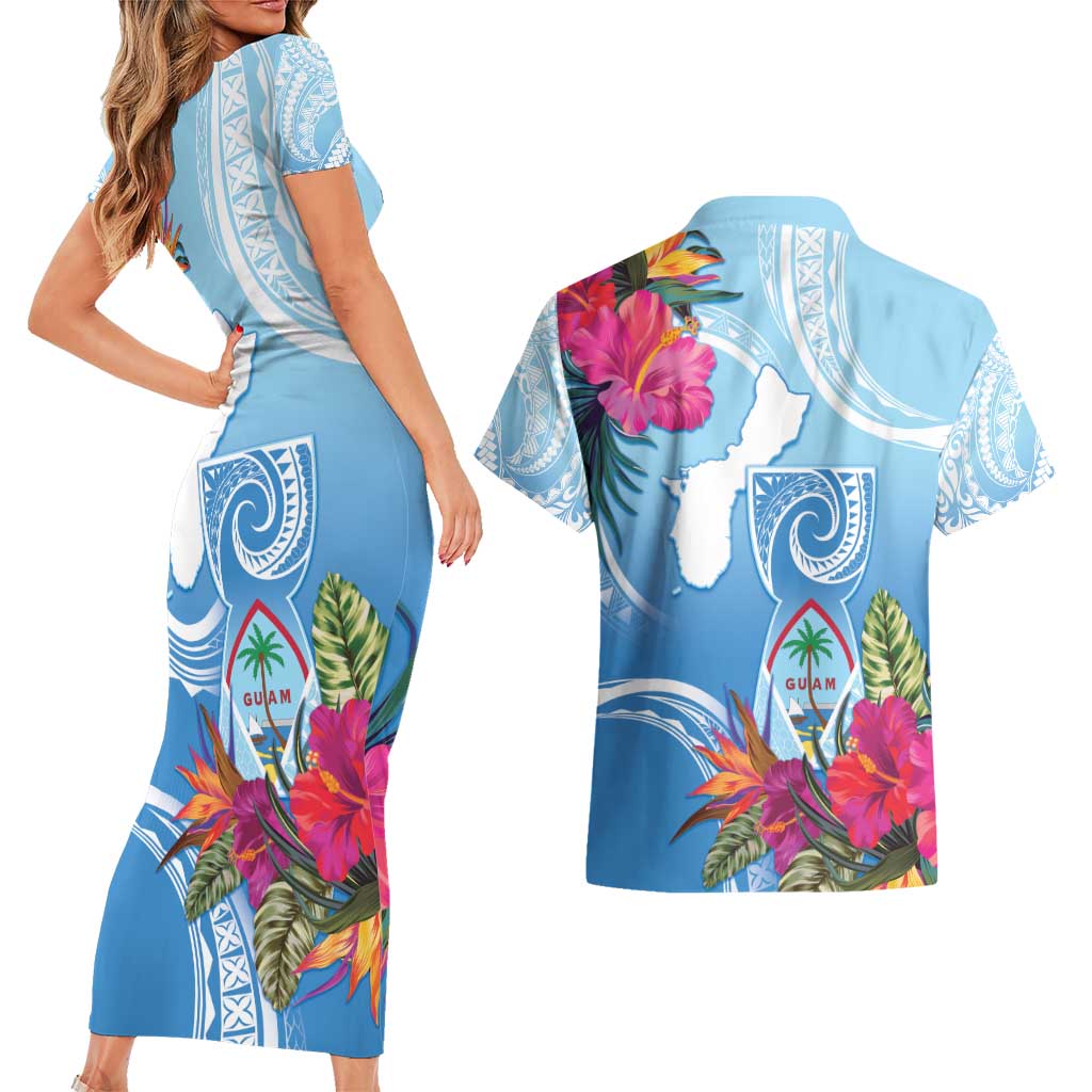 Hafa Adai Guam Couples Matching Short Sleeve Bodycon Dress and Hawaiian Shirt Tropical Flowers Blue Gradient