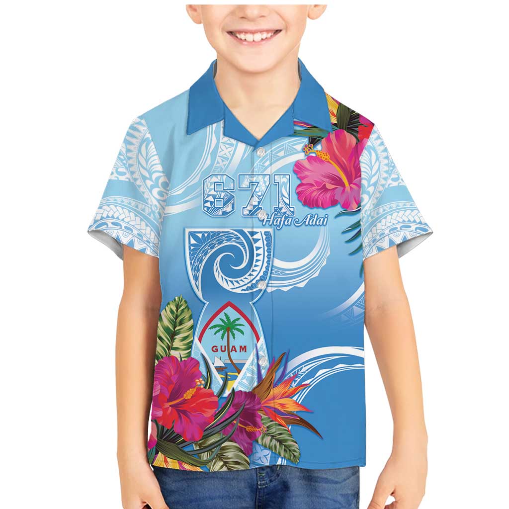 Hafa Adai Guam Family Matching Mermaid Dress and Hawaiian Shirt Tropical Flowers Blue Gradient