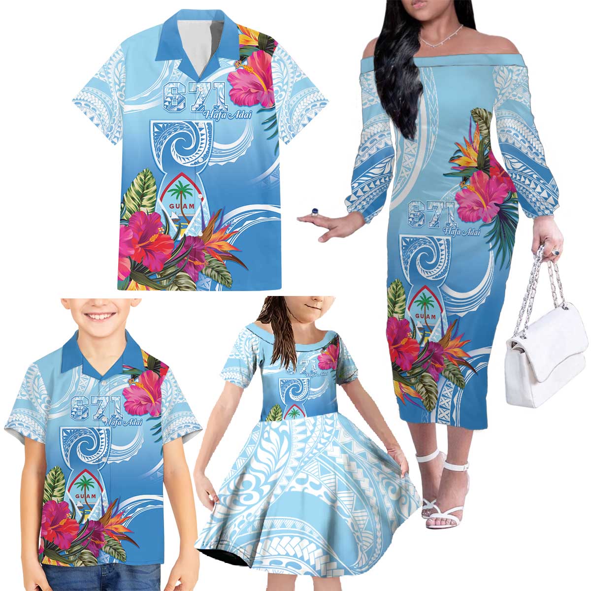 Hafa Adai Guam Family Matching Off The Shoulder Long Sleeve Dress and Hawaiian Shirt Tropical Flowers Blue Gradient
