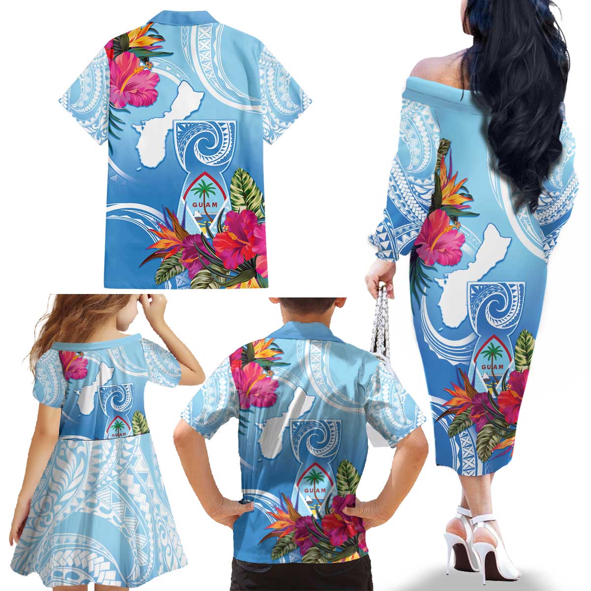 Hafa Adai Guam Family Matching Off The Shoulder Long Sleeve Dress and Hawaiian Shirt Tropical Flowers Blue Gradient