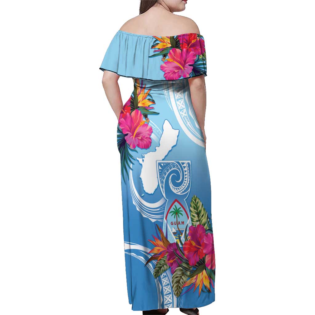 Hafa Adai Guam Family Matching Off Shoulder Maxi Dress and Hawaiian Shirt Tropical Flowers Blue Gradient