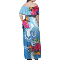 Hafa Adai Guam Family Matching Off Shoulder Maxi Dress and Hawaiian Shirt Tropical Flowers Blue Gradient
