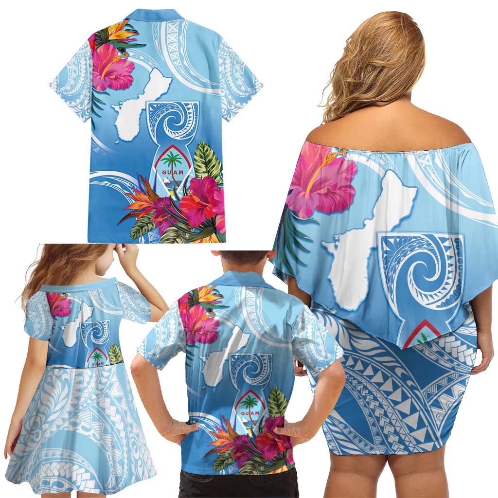 Hafa Adai Guam Family Matching Off Shoulder Short Dress and Hawaiian Shirt Tropical Flowers Blue Gradient