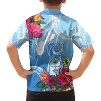 Hafa Adai Guam Family Matching Tank Maxi Dress and Hawaiian Shirt Tropical Flowers Blue Gradient