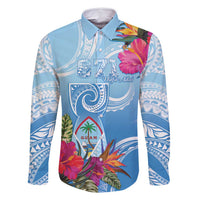 Hafa Adai Guam Family Matching Tank Maxi Dress and Hawaiian Shirt Tropical Flowers Blue Gradient