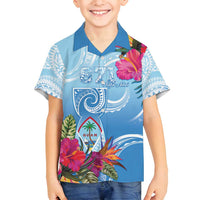 Hafa Adai Guam Family Matching Tank Maxi Dress and Hawaiian Shirt Tropical Flowers Blue Gradient