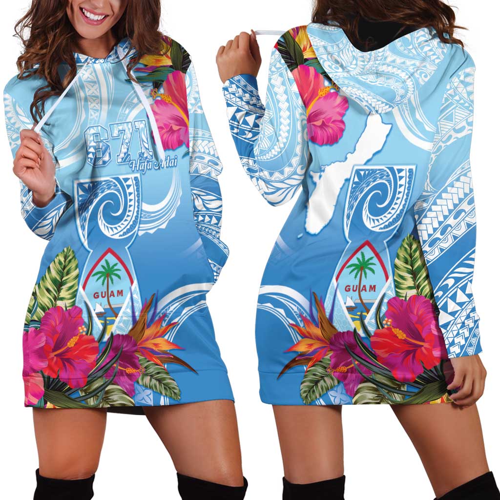 Hafa Adai Guam Hoodie Dress Tropical Flowers Blue Gradient LT05 - Polynesian Pride