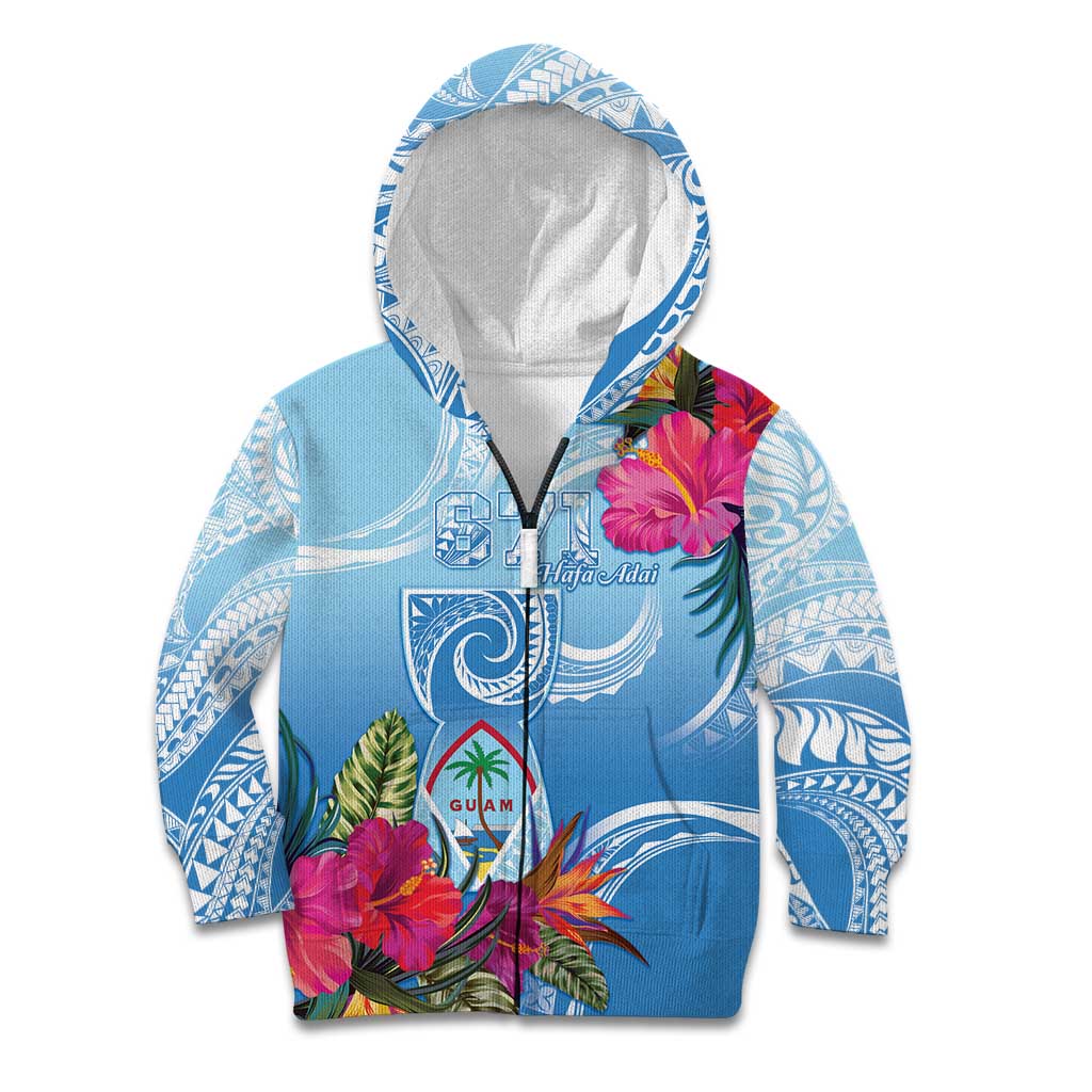 Hafa Adai Guam Kid Hoodie Tropical Flowers Blue Gradient