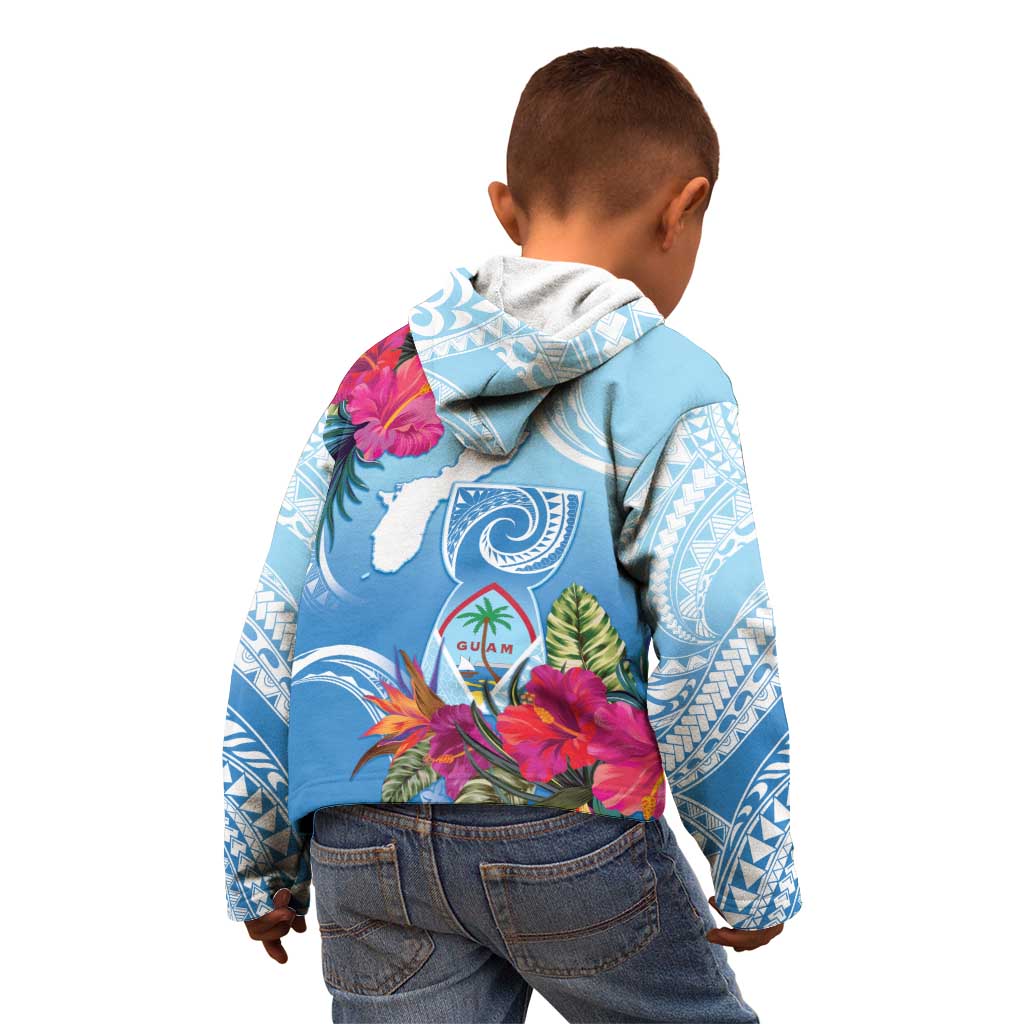 Hafa Adai Guam Kid Hoodie Tropical Flowers Blue Gradient