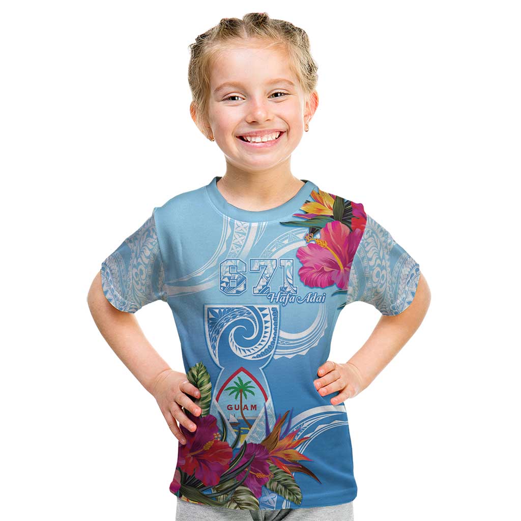 Hafa Adai Guam Kid T Shirt Tropical Flowers Blue Gradient