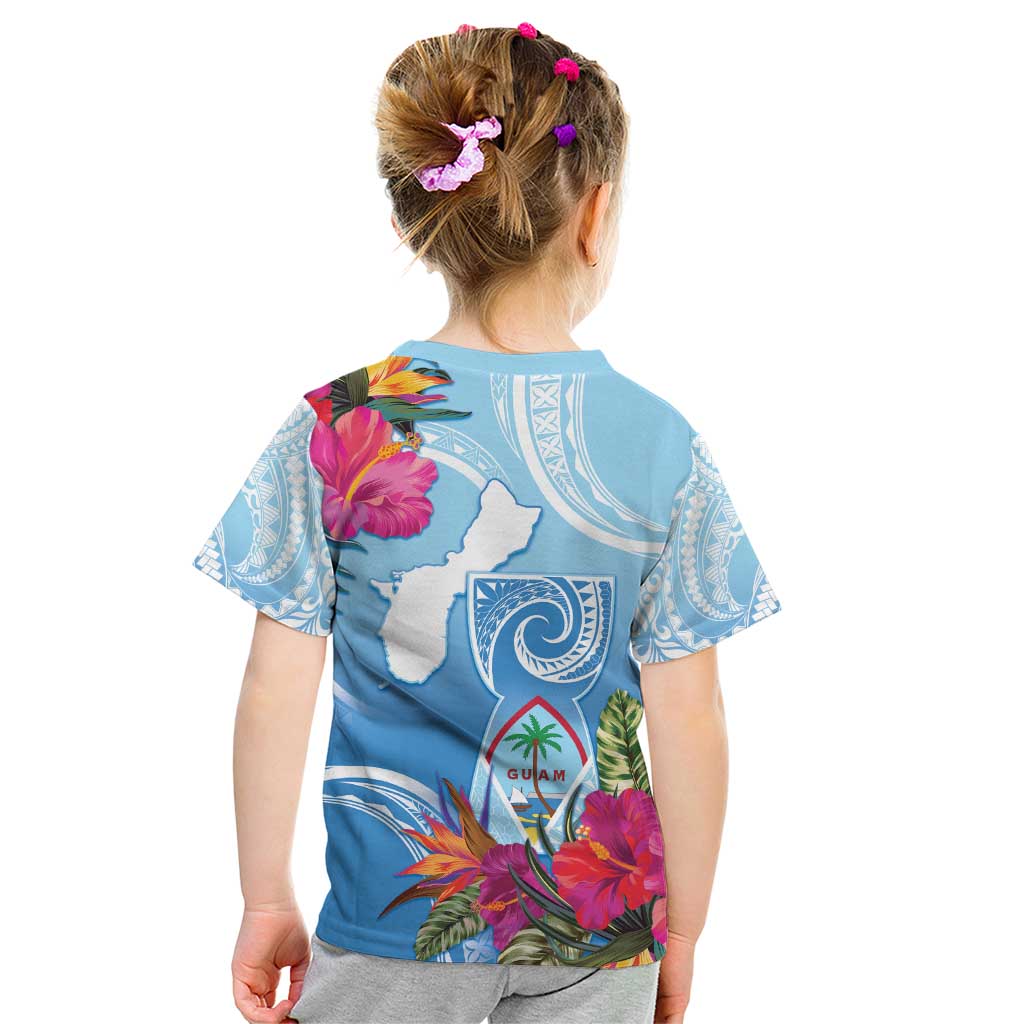Hafa Adai Guam Kid T Shirt Tropical Flowers Blue Gradient