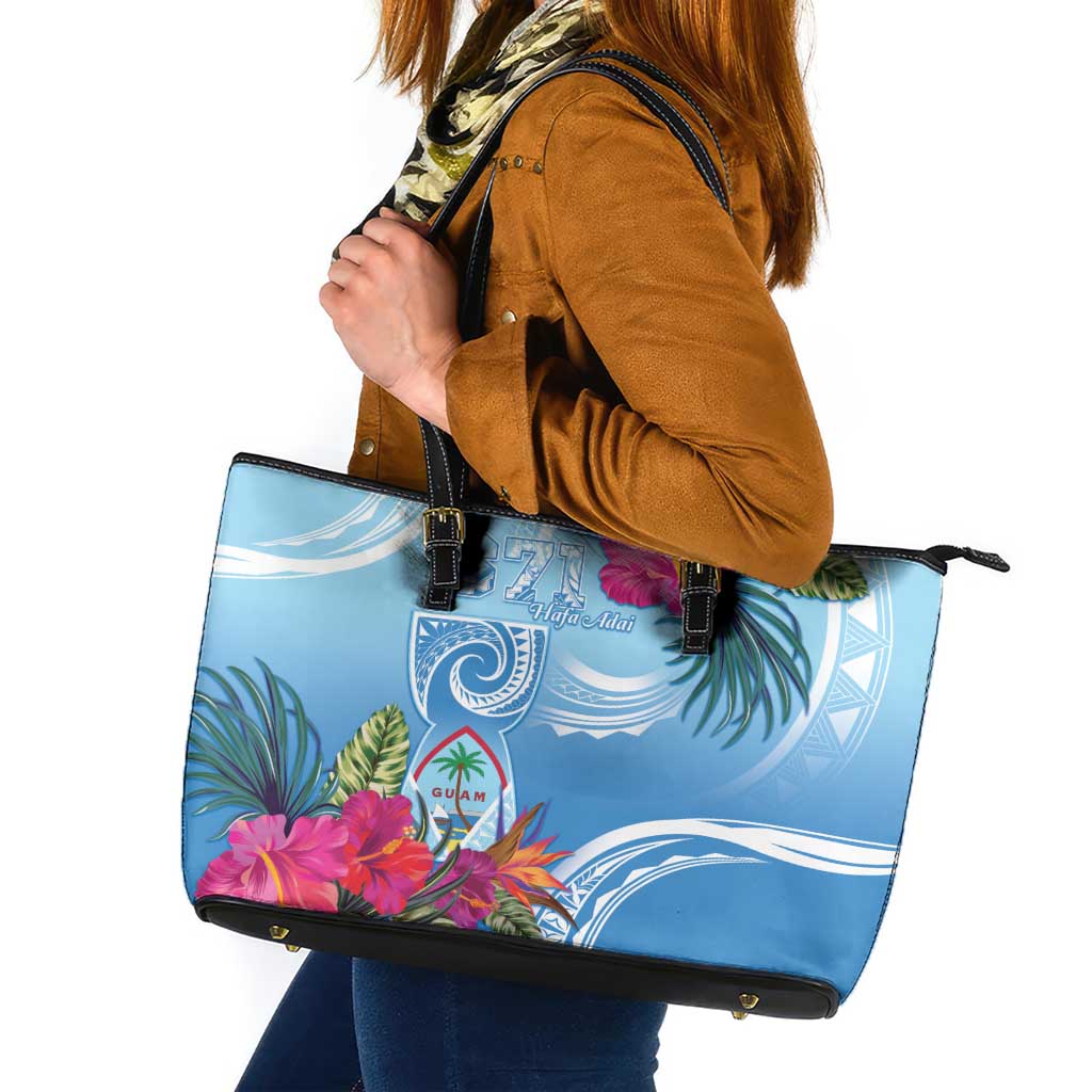 Hafa Adai Guam Leather Tote Bag Tropical Flowers Blue Gradient
