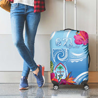 Hafa Adai Guam Luggage Cover Tropical Flowers Blue Gradient