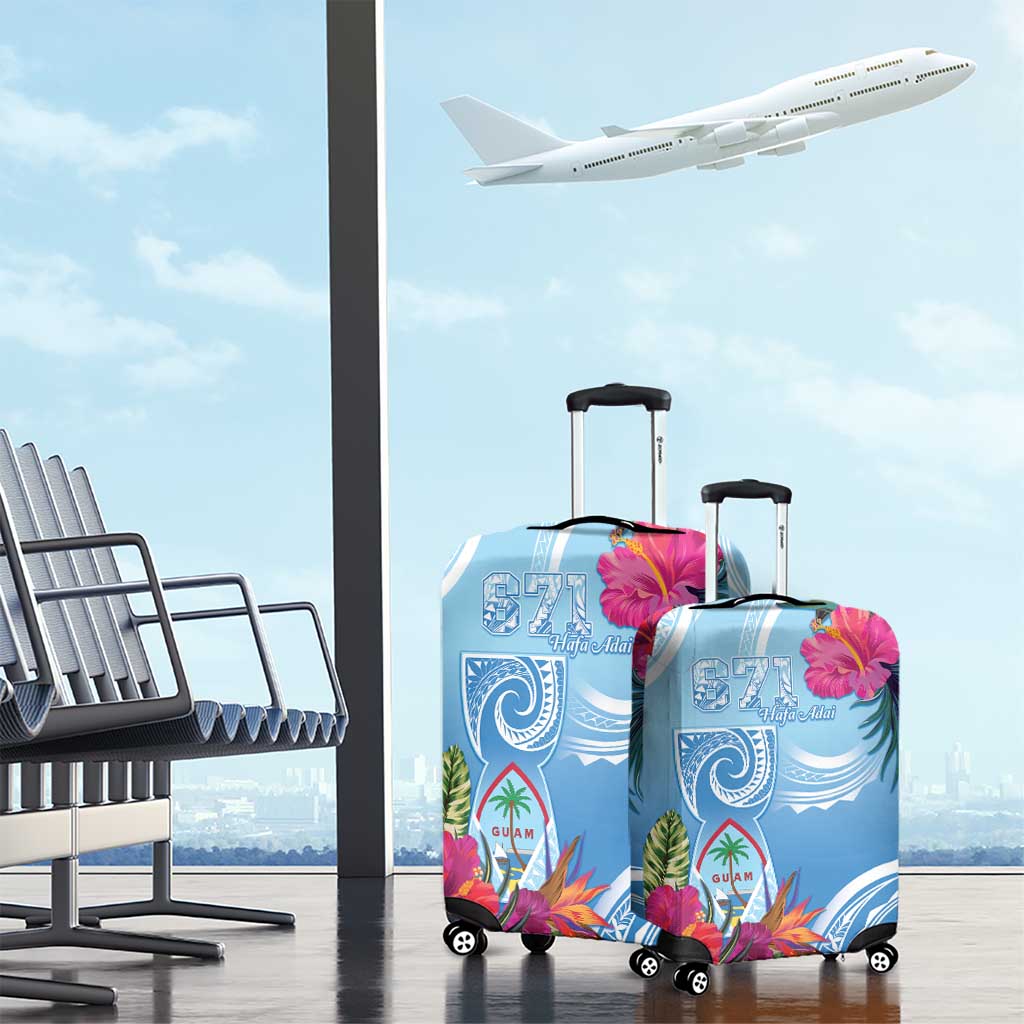 Hafa Adai Guam Luggage Cover Tropical Flowers Blue Gradient