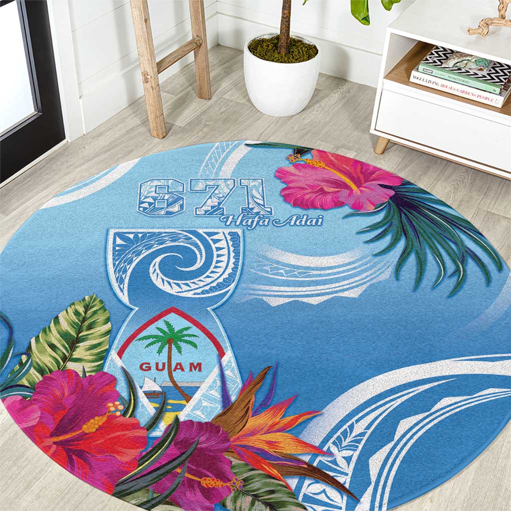Hafa Adai Guam Round Carpet Tropical Flowers Blue Gradient