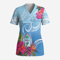 Hafa Adai Guam Scrub Top Tropical Flowers Blue Gradient - Polynesian Pride