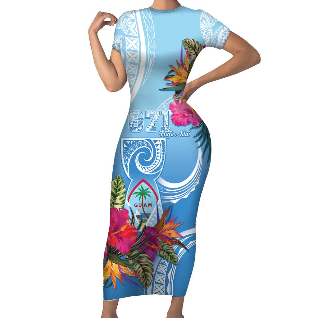 Hafa Adai Guam Short Sleeve Bodycon Dress Tropical Flowers Blue Gradient