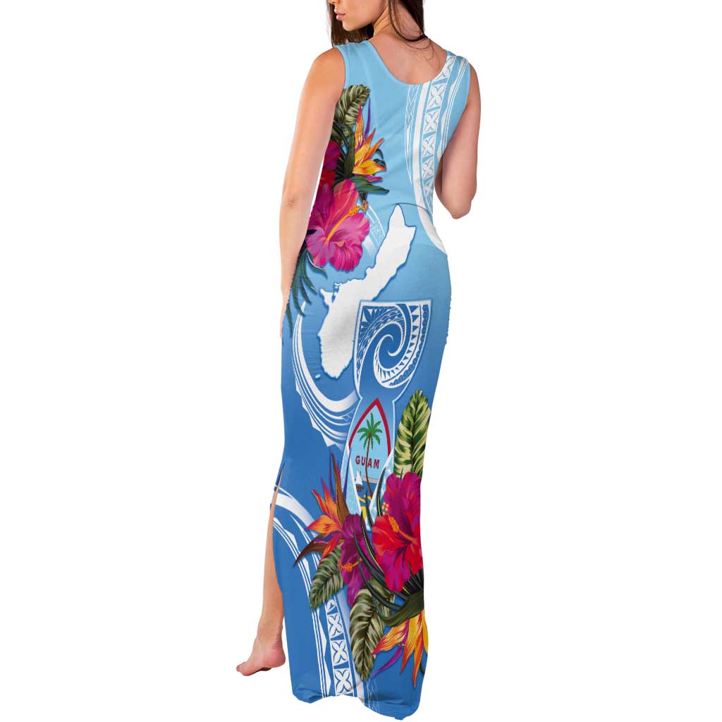 Hafa Adai Guam Tank Maxi Dress Tropical Flowers Blue Gradient