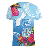Hafa Adai Guam Women V-Neck T-Shirt Tropical Flowers Blue Gradient