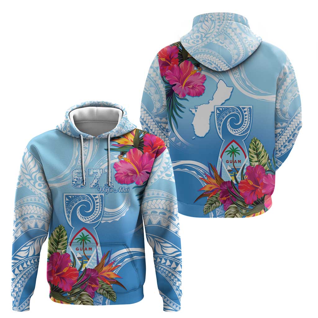 Hafa Adai Guam Zip Hoodie Tropical Flowers Blue Gradient