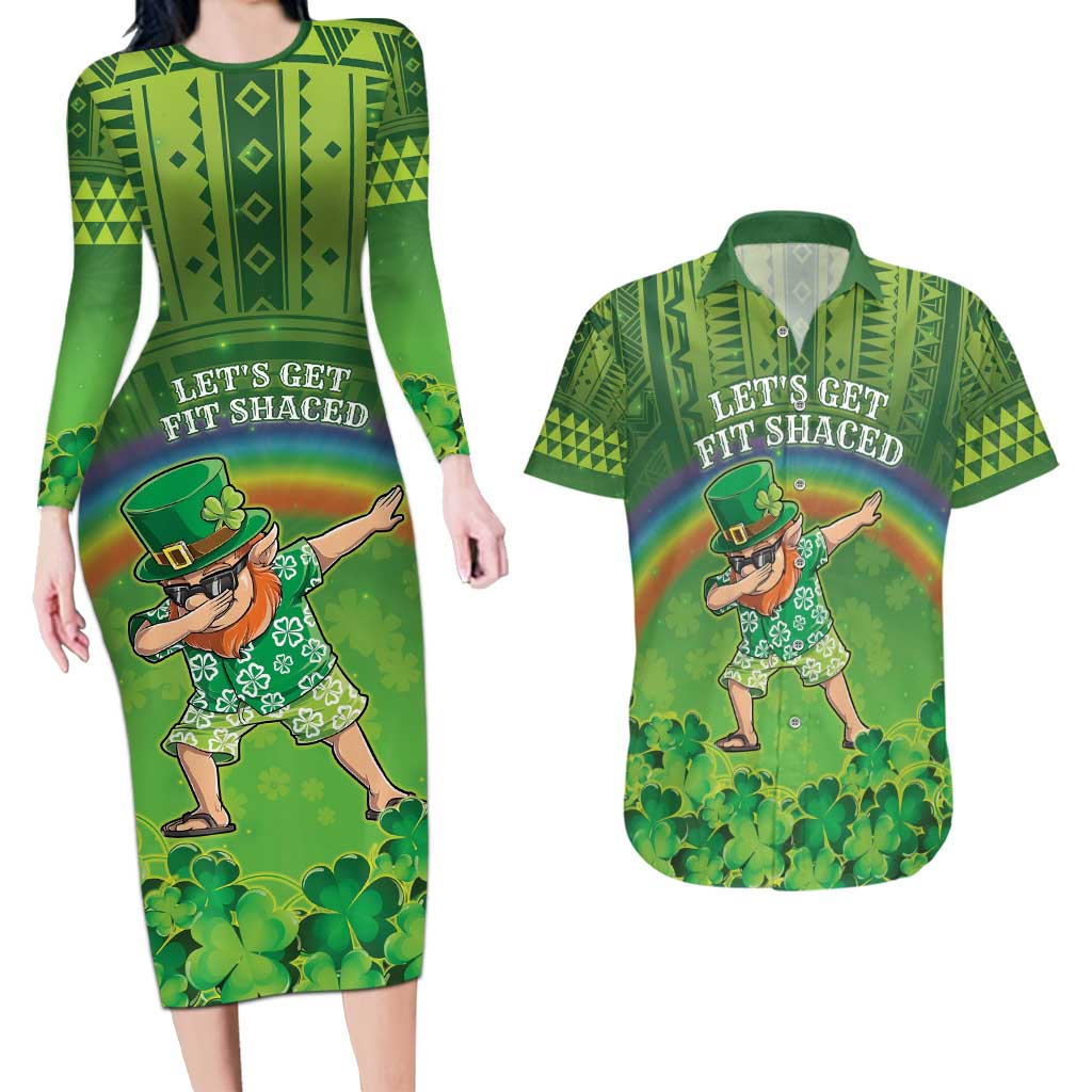 Personalised Hawaii Saint Patrick's Day Couples Matching Long Sleeve Bodycon Dress and Hawaiian Shirt Let's Get Fit Shaced LT05 Green - Polynesian Pride