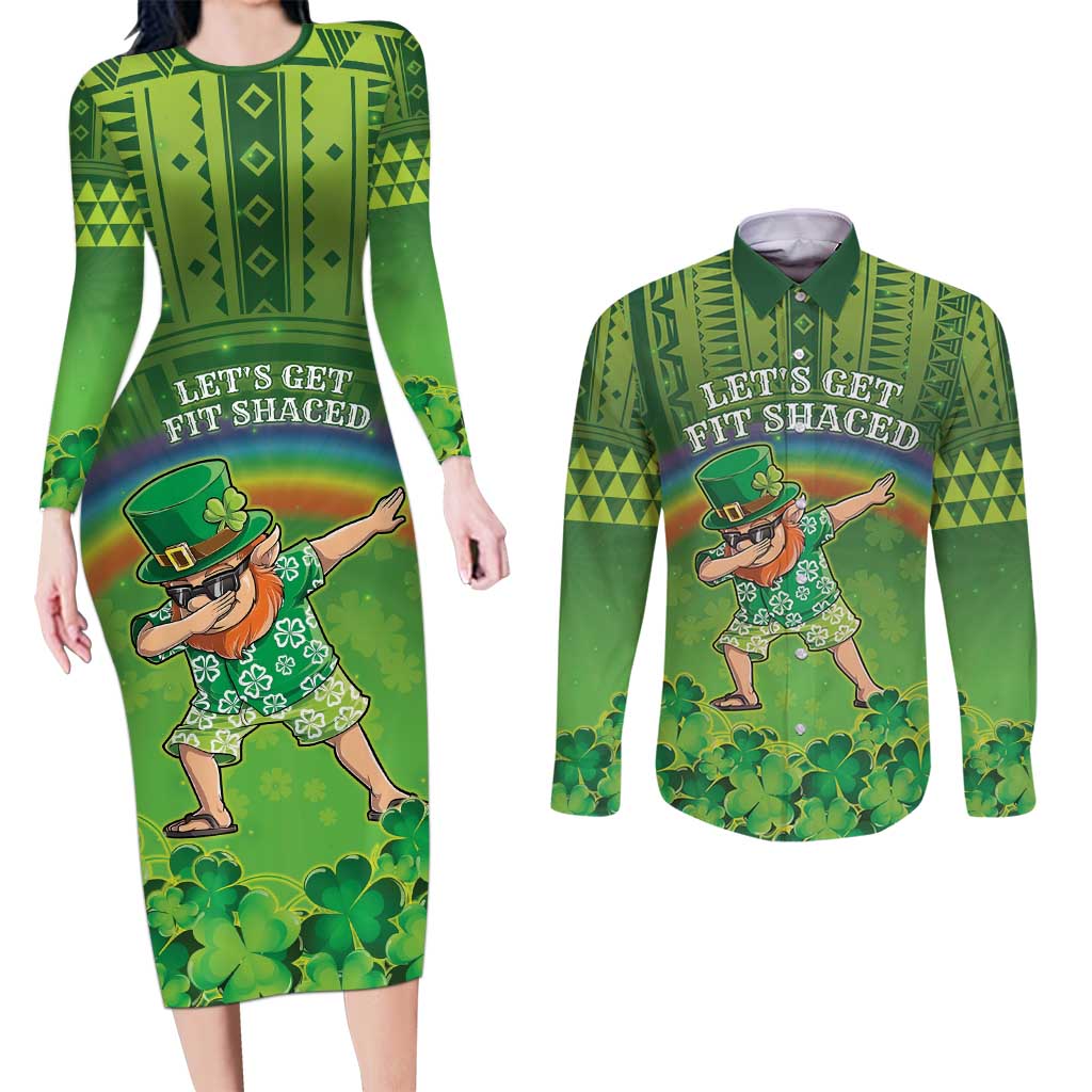 Personalised Hawaii Saint Patrick's Day Couples Matching Long Sleeve Bodycon Dress and Long Sleeve Button Shirt Let's Get Fit Shaced LT05 Green - Polynesian Pride