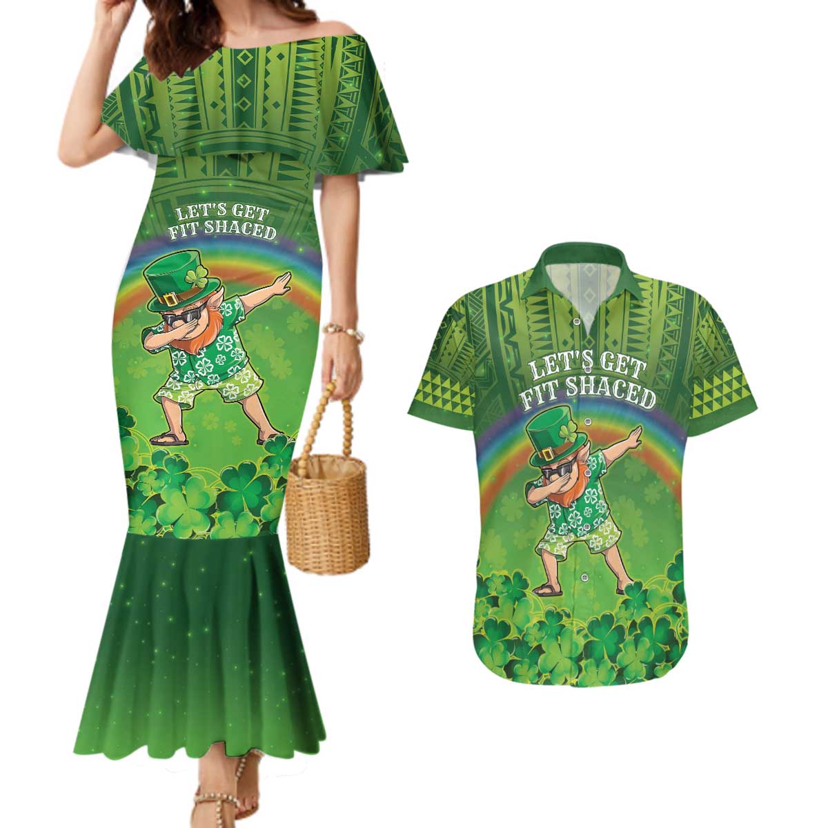 Personalised Hawaii Saint Patrick's Day Couples Matching Mermaid Dress and Hawaiian Shirt Let's Get Fit Shaced LT05 Green - Polynesian Pride