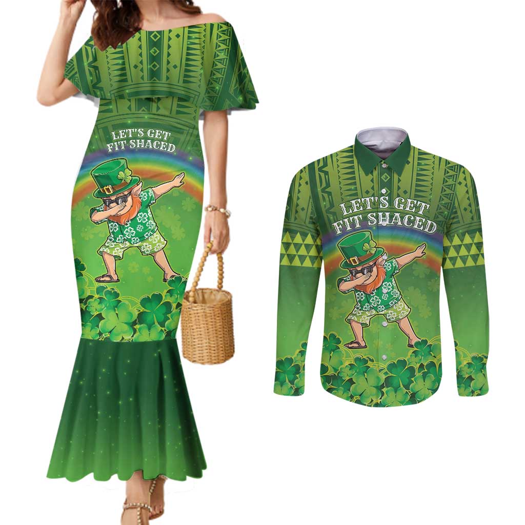 Personalised Hawaii Saint Patrick's Day Couples Matching Mermaid Dress and Long Sleeve Button Shirt Let's Get Fit Shaced LT05 Green - Polynesian Pride