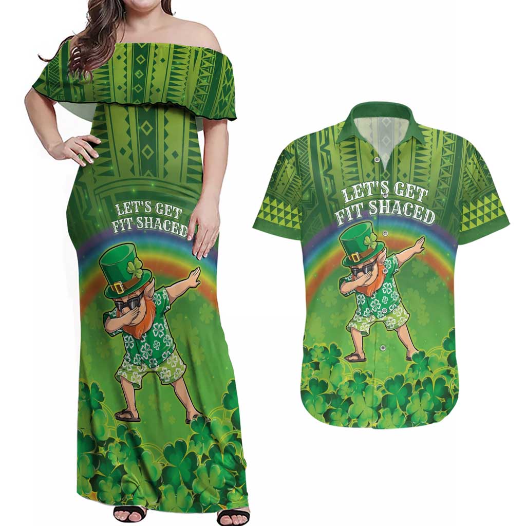 Personalised Hawaii Saint Patrick's Day Couples Matching Off Shoulder Maxi Dress and Hawaiian Shirt Let's Get Fit Shaced LT05 Green - Polynesian Pride