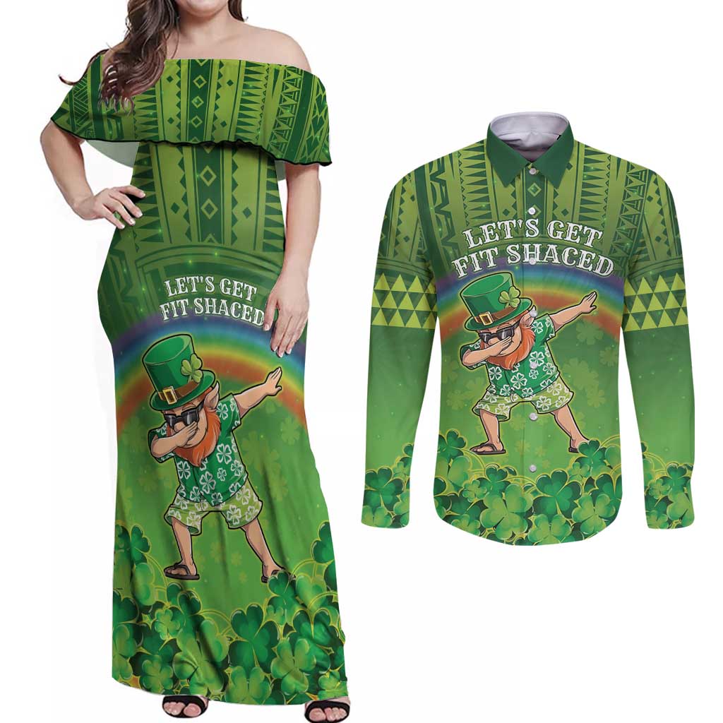 Personalised Hawaii Saint Patrick's Day Couples Matching Off Shoulder Maxi Dress and Long Sleeve Button Shirt Let's Get Fit Shaced LT05 Green - Polynesian Pride