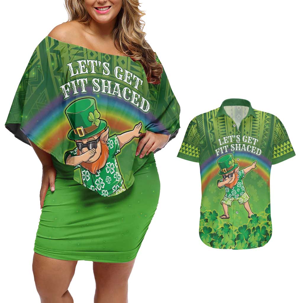 Personalised Hawaii Saint Patrick's Day Couples Matching Off Shoulder Short Dress and Hawaiian Shirt Let's Get Fit Shaced LT05 Green - Polynesian Pride